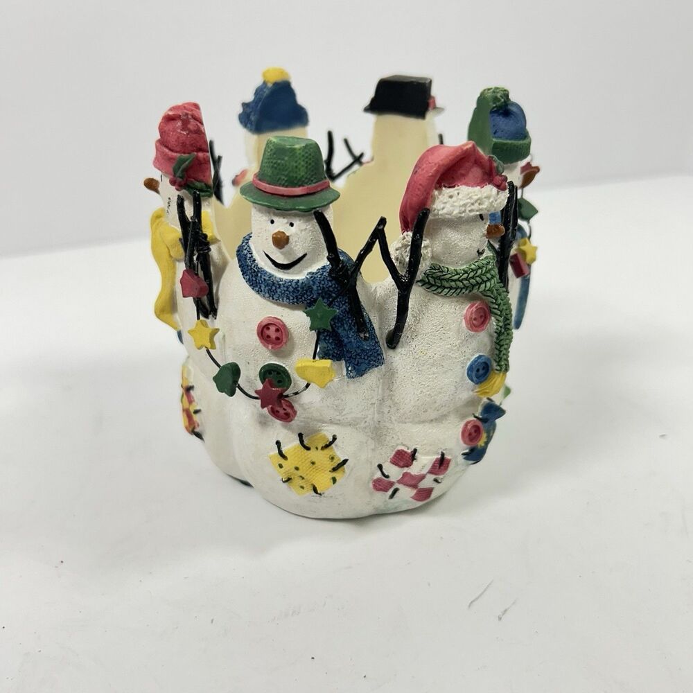 Vintage Folk Art Resin Snowman Circle Candle Holder Patchwork Christmas